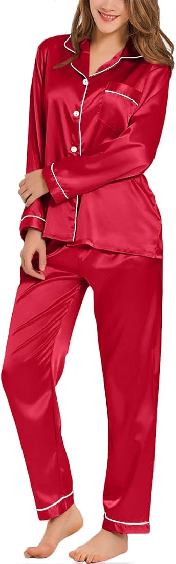 SWOMOG Pajamas Set Long Sleeve Sleepwear Womens Button Down Nightwear Soft Pj Lounge Red at Amazo... | Amazon (US)