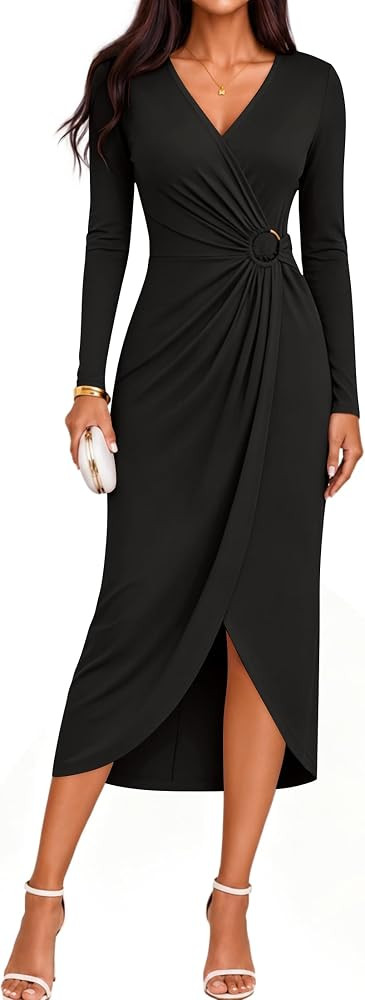 ZESICA Women's Fall Long Sleeve Wrap Bodycon Cocktail Party Dresses | Amazon (US)
