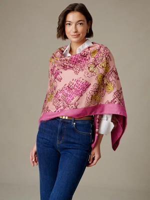 J.McLaughlin Women's The Charlotte Scarf in Boulevard Sketch Border Pink/Yellow | Cashmere/Silk | J.McLaughlin