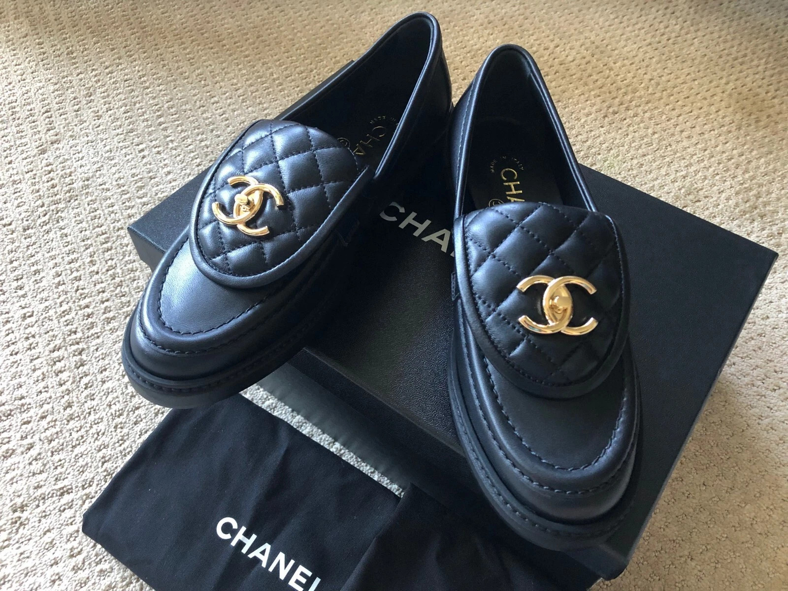 NEW CHANEL size 38EU Black Quilted Flap Turnlock Gold CC Logo Loafer  | eBay | eBay CA