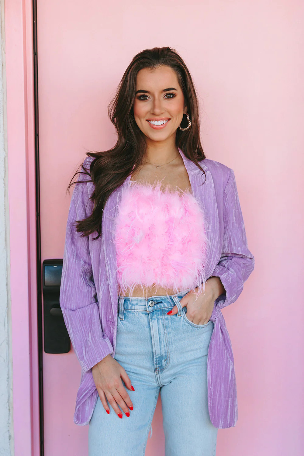 BuddyLove | Fancy Strapless Feather Crop Top | Baby Pink | BuddyLove