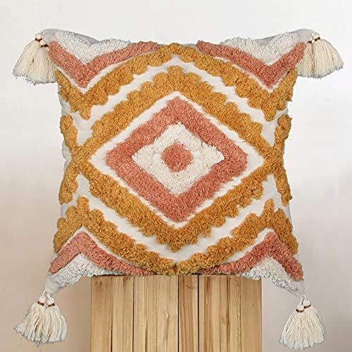 Orange Boho Pillow Covers 18x18, Tufted Throw Pillow Covers with Tassels, Cream Boho Decorative Pill | Amazon (US)