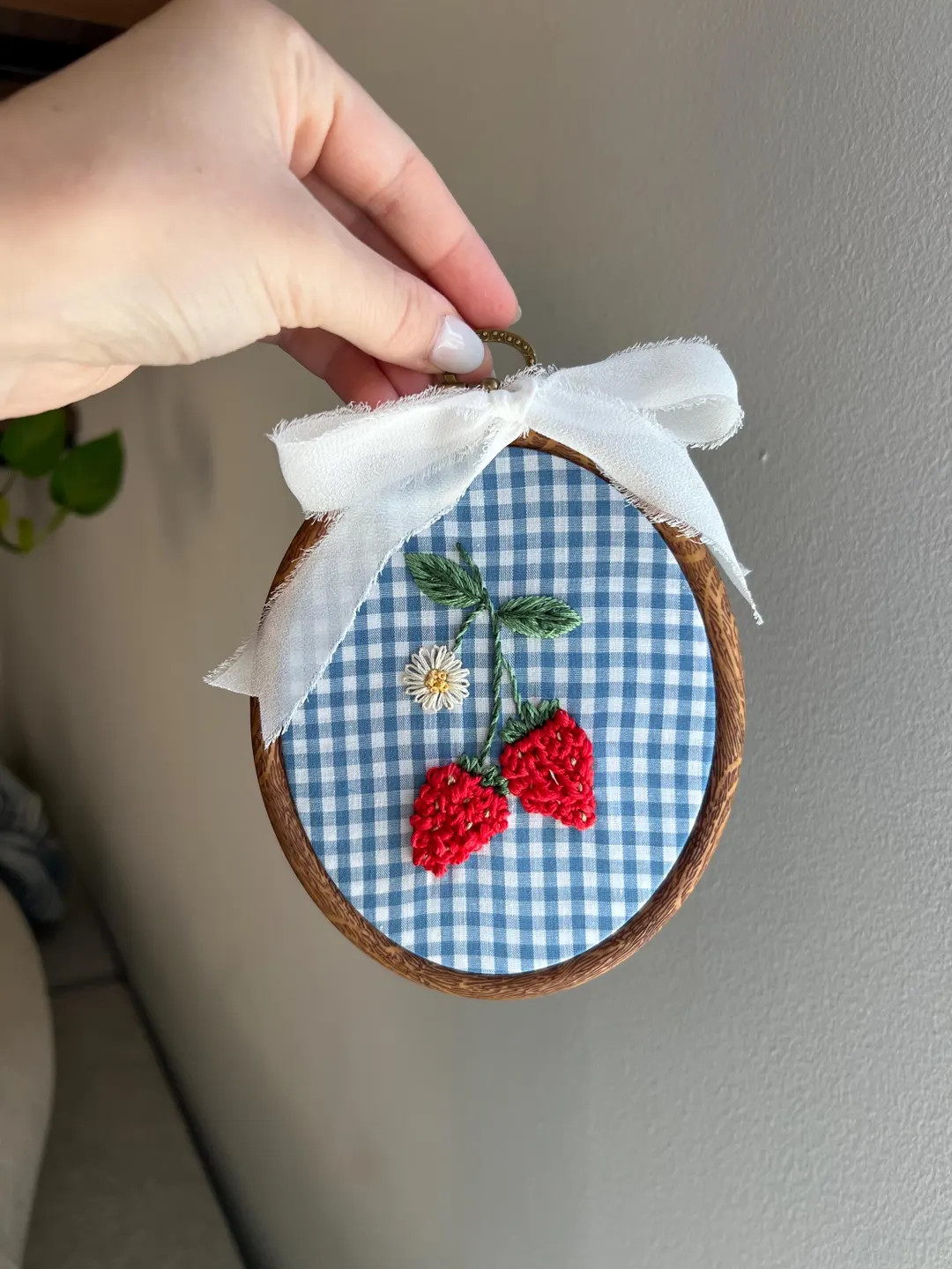 Hand-Embroidered Strawberry Gingham Hoop Art | Spring Cottagecore Decor | Etsy (US)