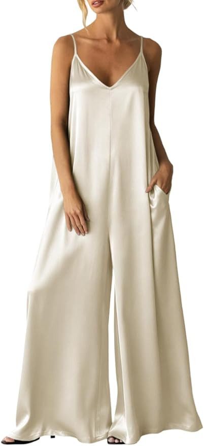 Womens Satin Wide Leg Jumpsuits Dressy Casual Spaghetti Strap Flowy Rompers Sexy Date Night One P... | Amazon (US)