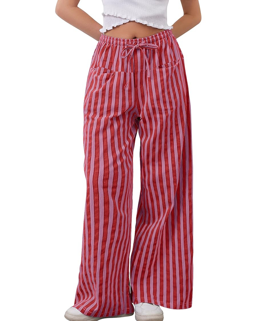 MISSACTIVER Women Drawstring Striped Pants Loose Wide Leg Trousers Casual Low Waist Pants Comfy L... | Amazon (US)