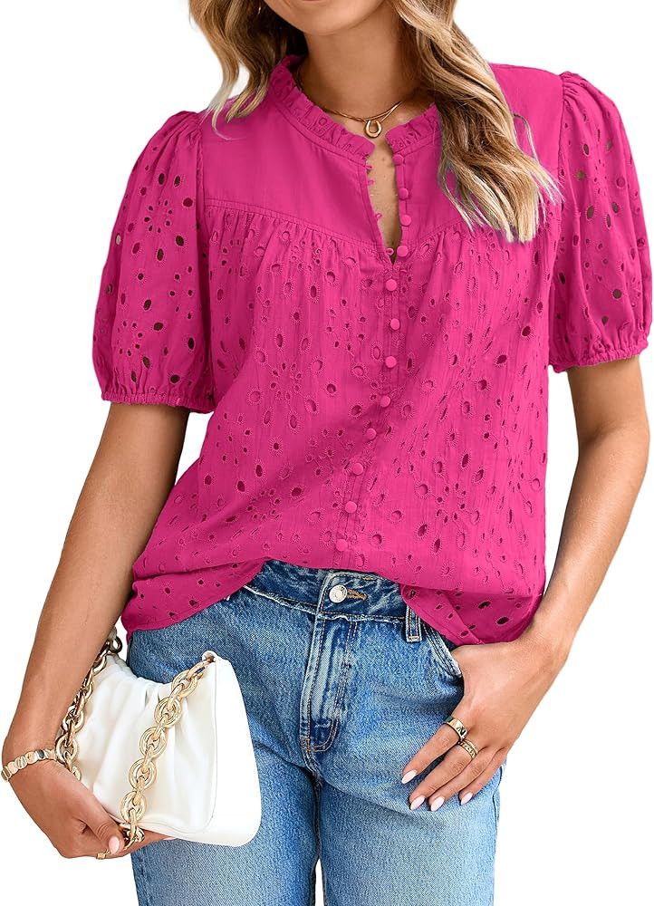 Glamaker Blusas de verano para mujer, blusa casual con ojales bordados, manga corta abombada, enc... | Amazon (US)