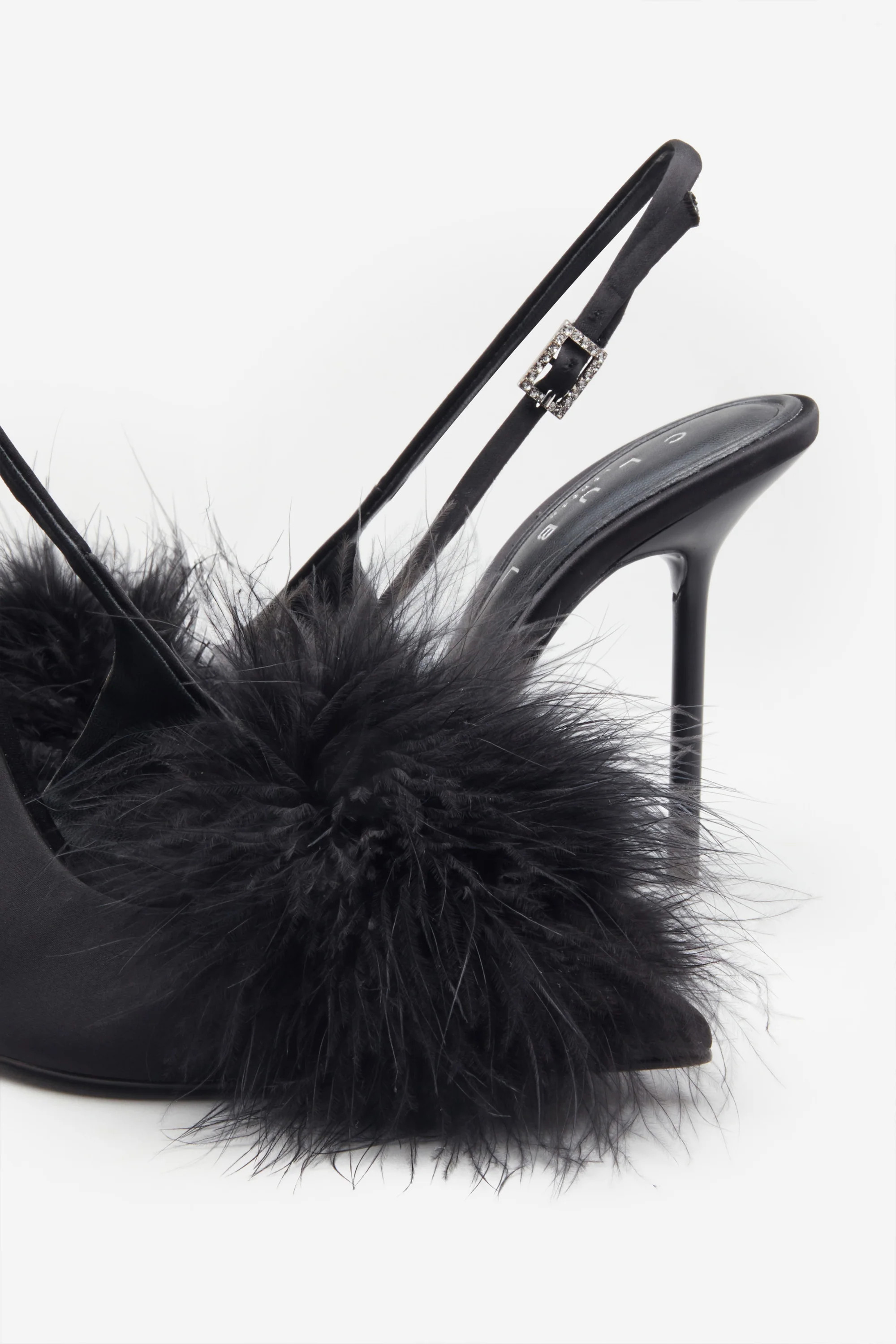 High Pitched | Black Satin Sling Back Heels With Pom Poms | Club L London