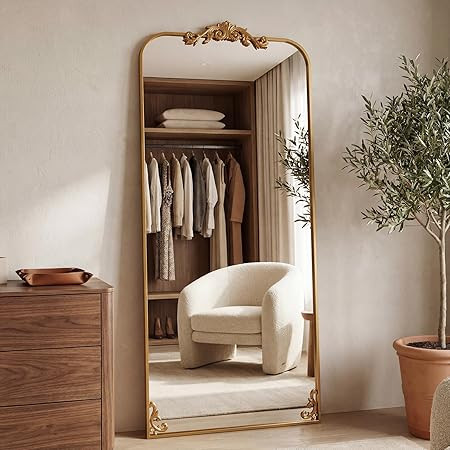 Arched Full Length Mirror, 71'' x 28'' Vintage Full Body Mirror with Carved for Home Decor, Standing Floor Mirror for Wall for Living Room, Bedroom, Cloakroom, Gold, Retro Style | Amazon (US)
