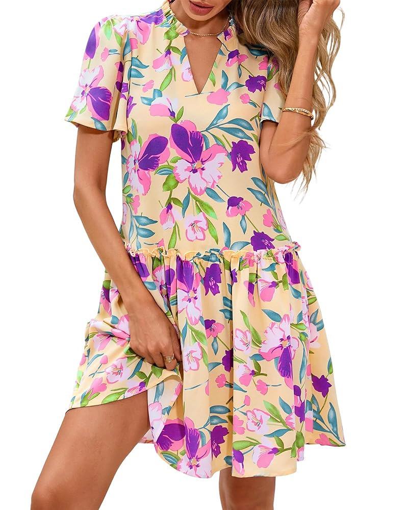 BTFBM Women Summer Dresses 2025 Short Sleeve V Neck Tiered Ruffle Boho Swing Dress A-Line Floral ... | Amazon (US)