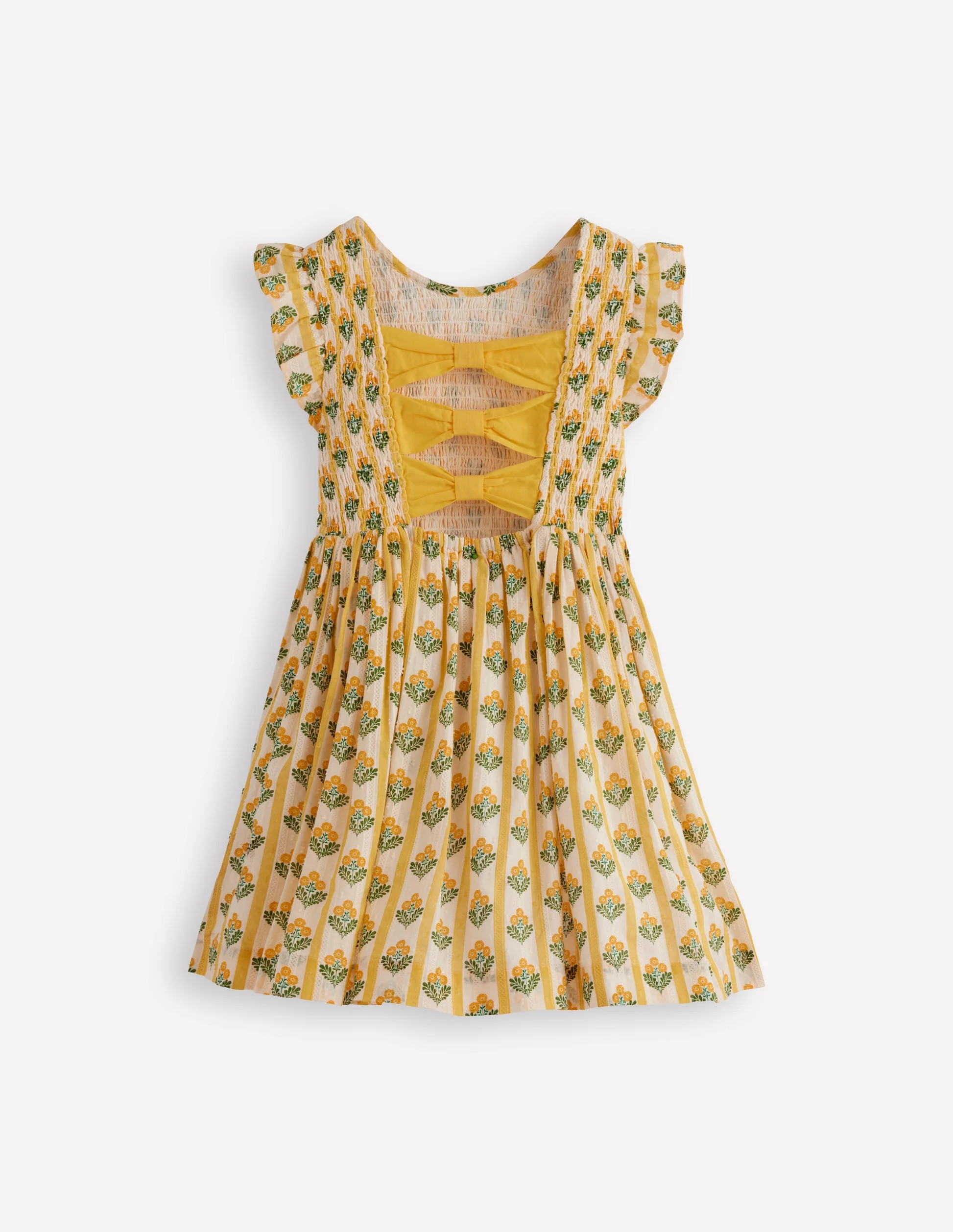 Bow Back Shirred Dress-Honeycomb Yellow Flower Stem | Boden (US)