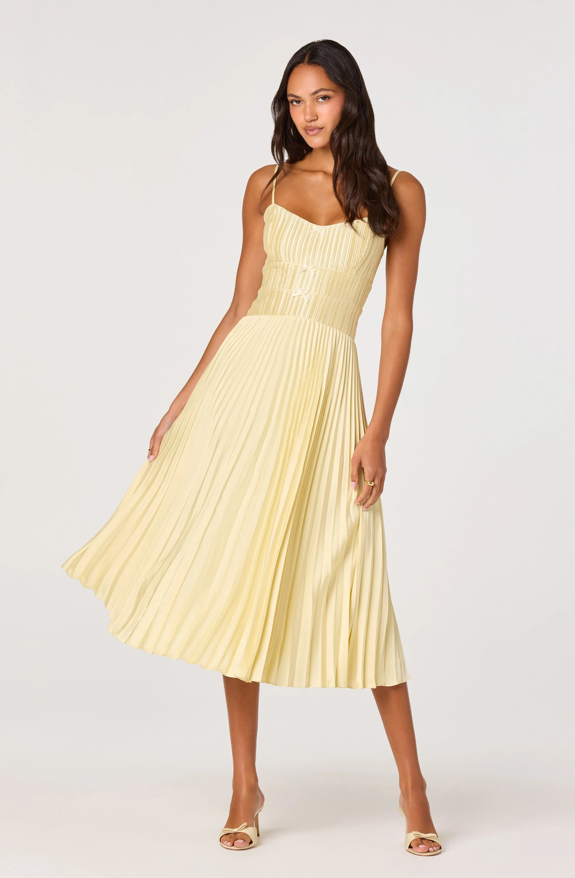 Shionagh Satin Bow-Detail Pleated Midi Dress - Yellow / M | ASTR The Label (US)