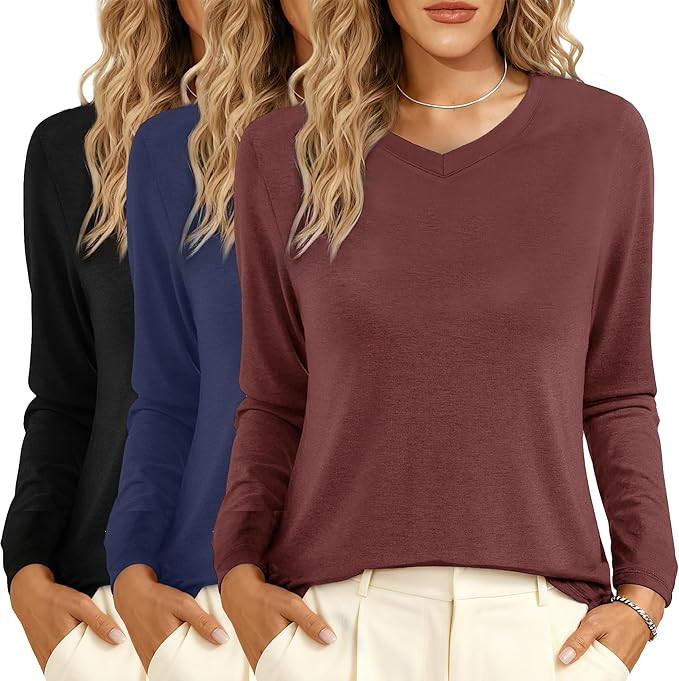 GAYHAY 3 Pack V Neck Long Sleeve Shirts for Women - Fall Casual Soft Tops Basic Loose Fit Outfits... | Amazon (US)