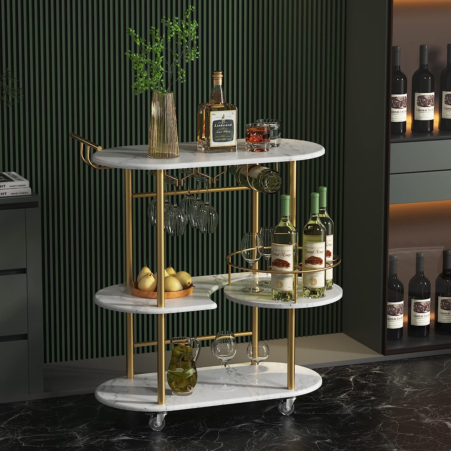 PAUKIN Gold Bar Carts with 4-Tier Storage Shelves, Mobile Bar Serving Cart with Wine Rack and Gla... | Amazon (US)