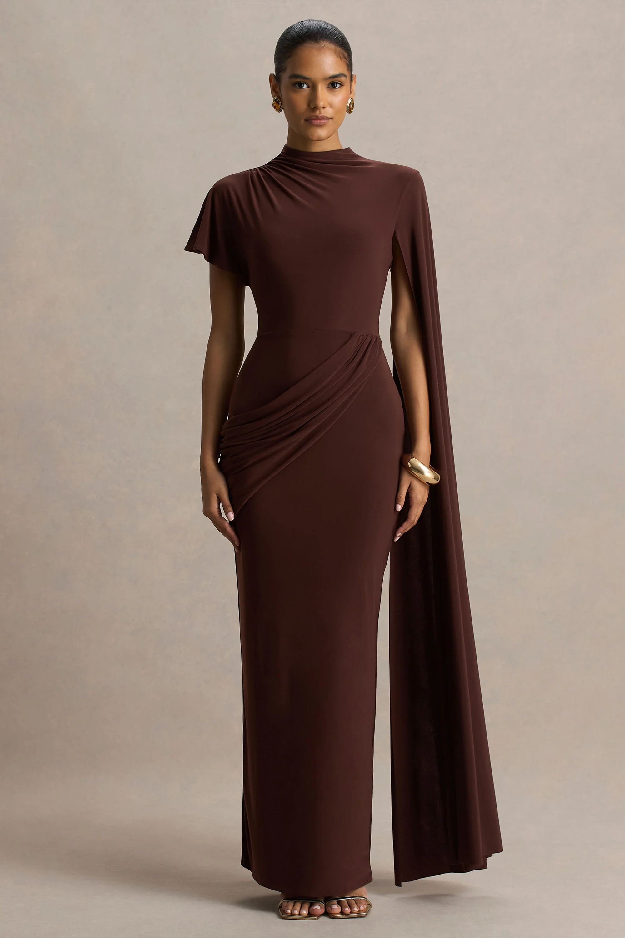 Tropic | Brown High-Neck Maxi With Long Cape Sleeve | Club L London