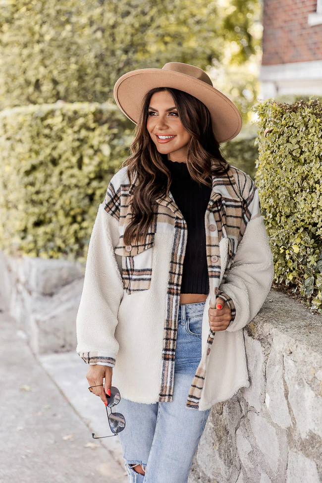 No Complications Brown Plaid Trim Sherpa Shacket | Pink Lily