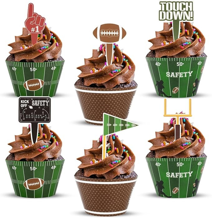 Hooqict 48 Pack Football Cupcake Toppers and Wrappers Football Cupcake Decorations Game Day Party... | Amazon (US)