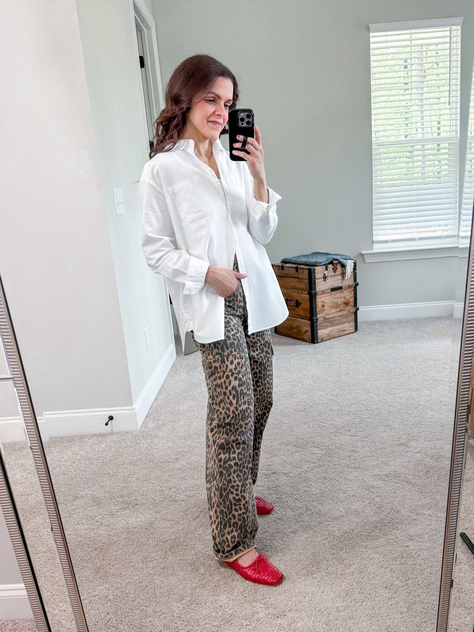 Leopard jeans style | white button down, tank, red woven flats (all fit tts) 

#LTKStyleTip #LTKShoeCrush