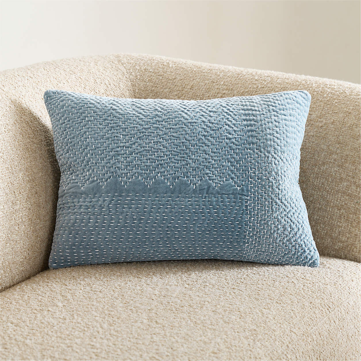 Sashiko Organic Cotton Velvet 22"x15" Blue Throw Pillow Cover + Reviews | Crate & Barrel | Crate & Barrel
