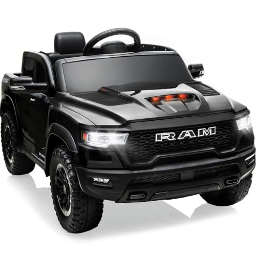 First Ride On 12V Licensed Ram 1500 Ride on Toy for Kids, Toddler Ride on Pickup Truck with Parent Remote Control, Electric Car for Kids with Truck Bed Storage, 3 Point Safety Belt (Black) | Amazon (US)