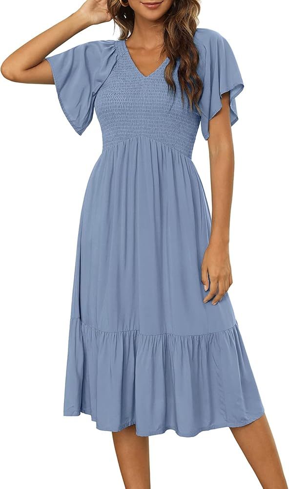 Kranda Women V Neck Short Flutter Sleeve Solid Smocked Ruffle Pleats Midi Dress | Amazon (US)