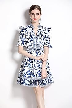 LAI MENG FIVE CATS Women's Button Up V-Neck Short Puff Sleeve Floral Print Split Casual Mini Dres... | Amazon (US)