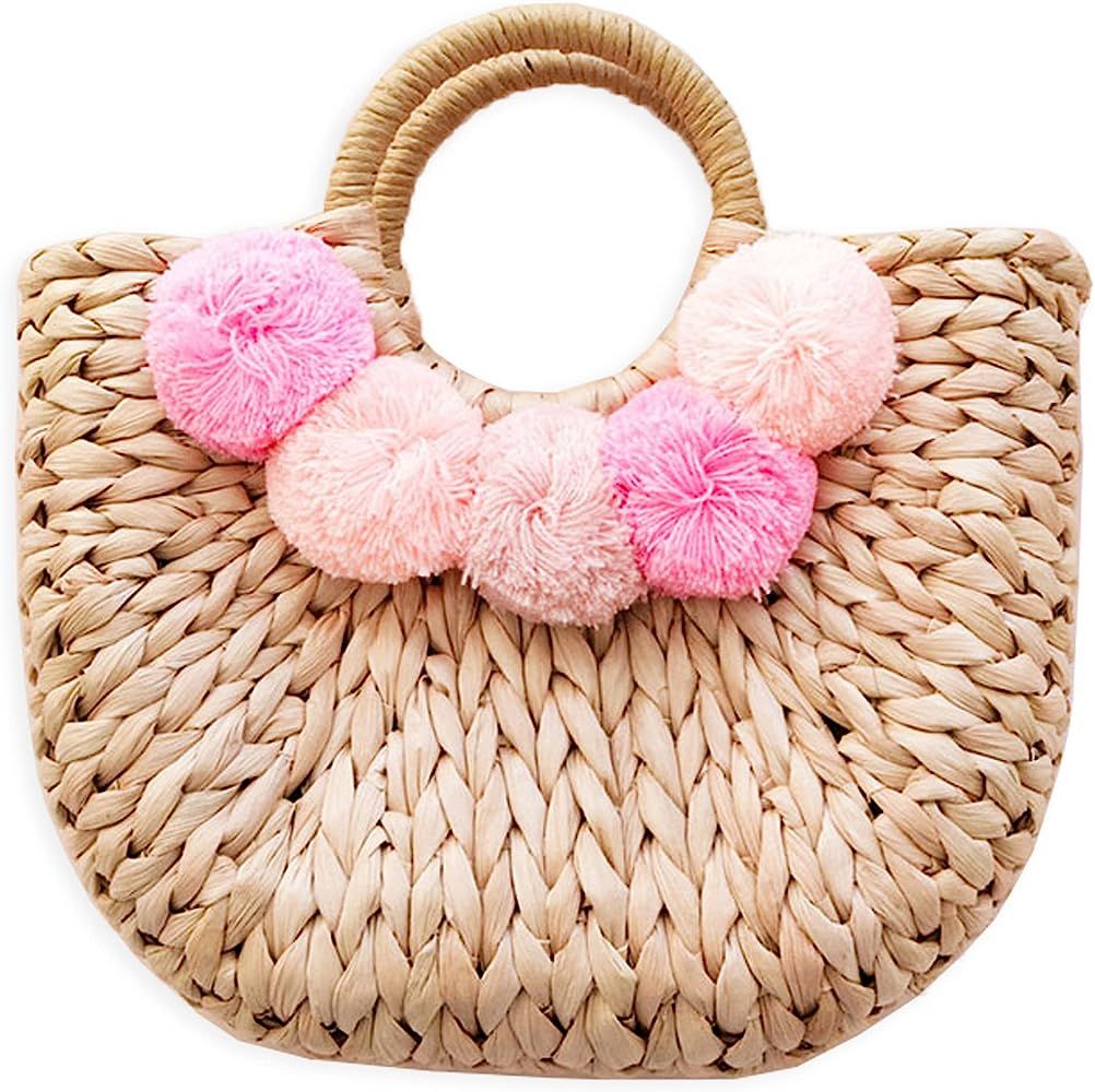 Boho Chic Straw Bag with Pom Poms Hand-Woven Sound Handle Purse Summer Beach Bag for Women | Amazon (US)