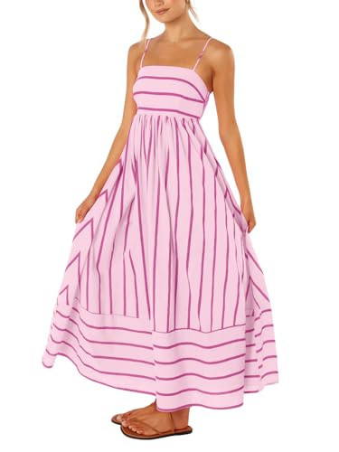 chouyatou Women's Striped Back Smocked Maxi Dress Sexy Spaghetti Strap Cut Out Flowy Swing Long Dress (Large, Pink) | Amazon (US)