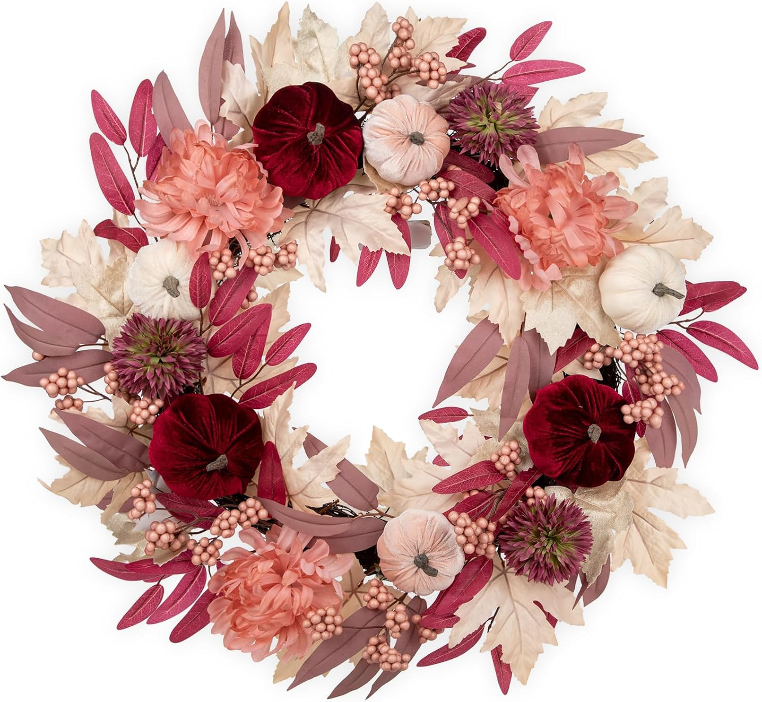 Briful 26" Artificial Fall Wreath with Velvet Pumpkins, Chrysanthemums & Pink Maple Eucalyptus Leaves – Soft Blush Autumn Wreath for Front Door, Fireplace, Wall Decor | Amazon (US)