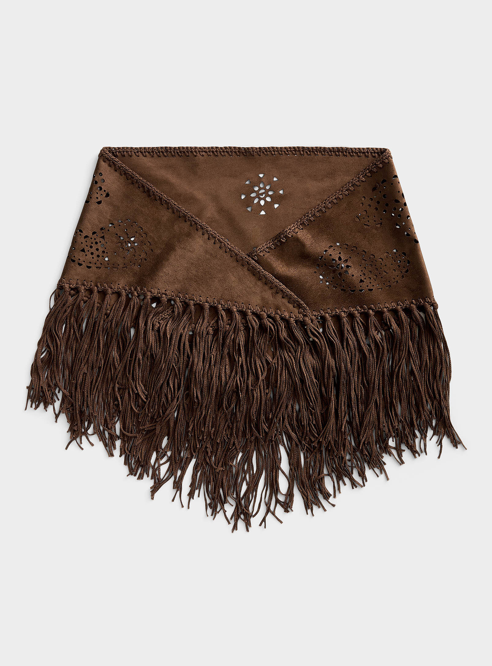 Simons - Women's Large fringed faux-suede openwork triangular scarf | Simons