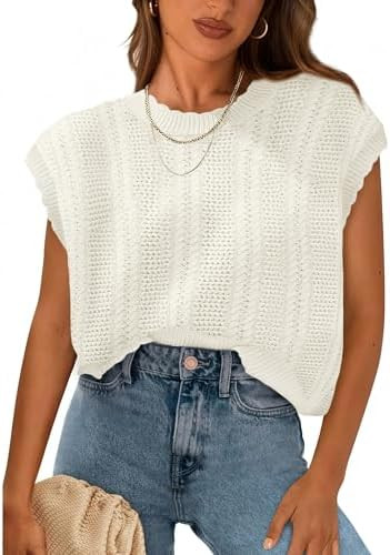 KIRUNDO Sweater Vest Women Crochet Short Sleeve Sweater Cap Sleeve Tops 2026 Spring Summer Knit P... | Amazon (US)