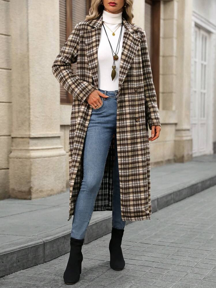 EMERY ROSE Damen Karierter Strickmantel Mit Kragen Und Langarm Für Herbst Und Winter | SHEIN