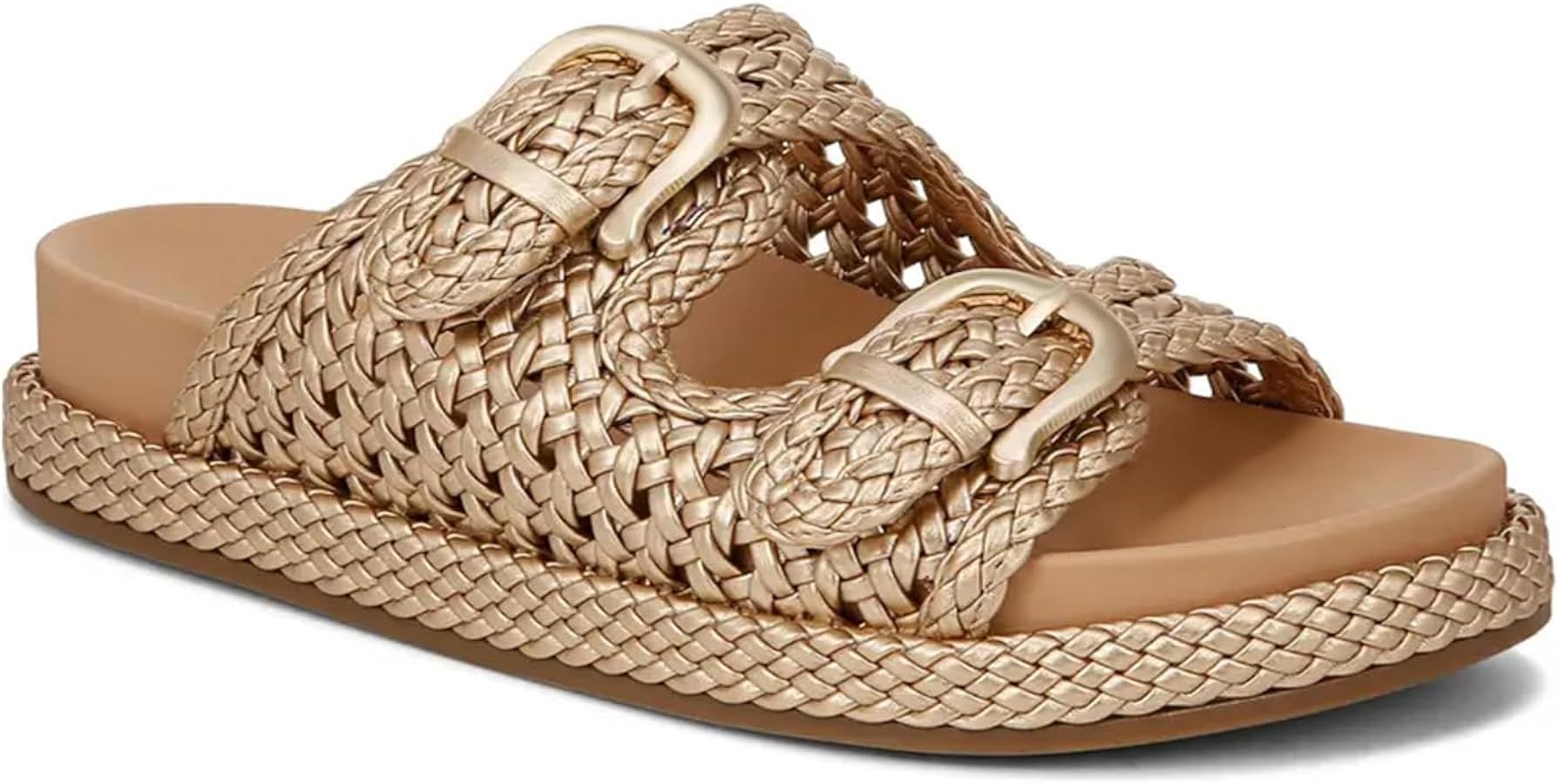 Braided Slide Sandals for Women Double Buckle Strap Woven Comfortable Summer Beach Flats Sandals ... | Amazon (US)