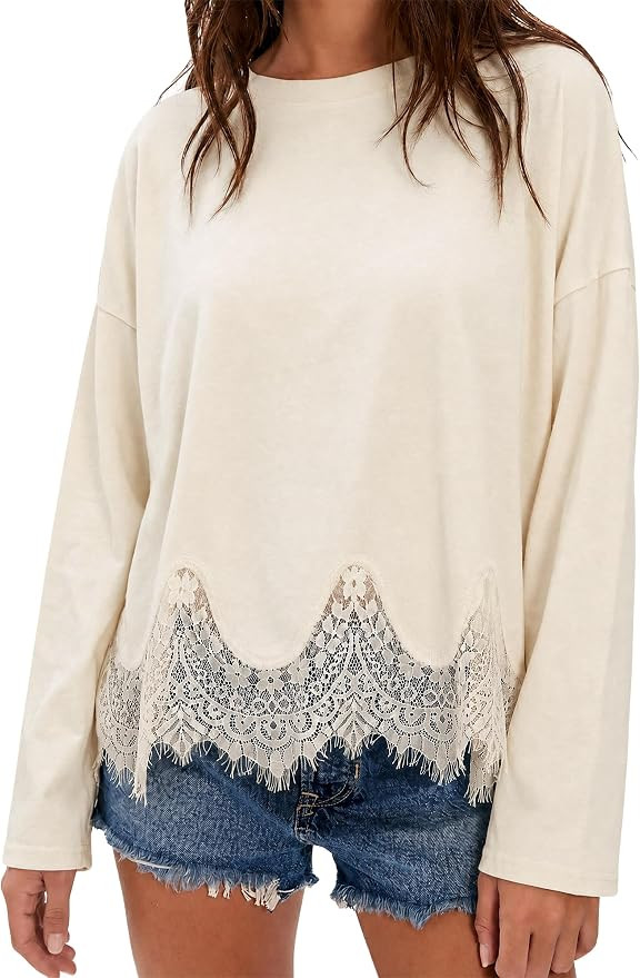 Tankaneo Womens Long Sleeve Lace Tops Oversized Crew Neck Casual T Shirts | Oversized Long Sleeve... | Amazon (US)