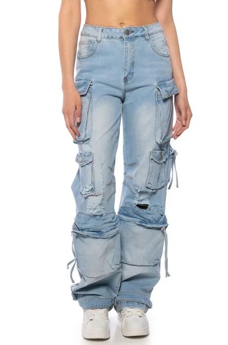 KEEP IT ON THE LOW RELAXED FIT CARGO JEANS IN LIGHT BLUE DENIM | AKIRA