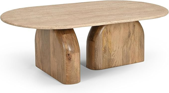 Loutis Collection Modern Living Room Oval Coffee Table with Marble Top, Travertine Beige | Amazon (US)