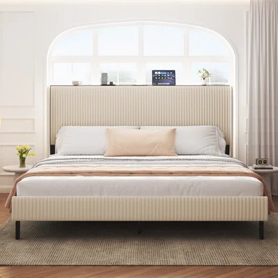 Beige Bed Frame with Upholstered Headboard – Sturdy, Noiseless Metal Platform Bed, Easy Assembly, Modern Elegant Design | Wayfair North America