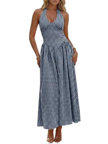 Wenrine Womens Halter V Neck Corset Maxi Dresses Summer Plaid Smocked Tie Back Backless Wedding G... | Amazon (US)