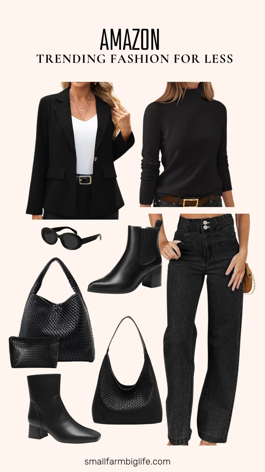 This edit rounds up the trending fall pieces worth adding to your closet, all easy to shop and budget friendly, and everything comes together in classic black for an easy capsule style edit.

Starting with layers: a black long sleeve business casual blazer with a notch lapel, and a black turtleneck wool blend sweater with a soft knit pullover fit.

For bottoms: a black high waisted straight leg jean in a soft stretchy denim with a relaxed wide leg fit.

For shoes: black square toe ankle booties with a chunky block heel and side zipper, and black Chelsea heeled ankle boots with an elastic side and slip on fit.

Rounding it out is a black woven leather tote bag with a top handle, a black woven leather handbag, and black oval sunglasses with a 90s inspired chunky frame.

#trendingfashion #blazerseason #ankleboots #wovenbag #amazonfashionfinds 

 #LTKootd #LTKOver40 #LTKWorkwear
