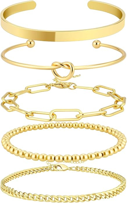 14K Gold Plated Bangle Cuff Bracelet Set for Women Bracelet Stack Adjustable Tennis/Beaded/Paperc... | Amazon (US)