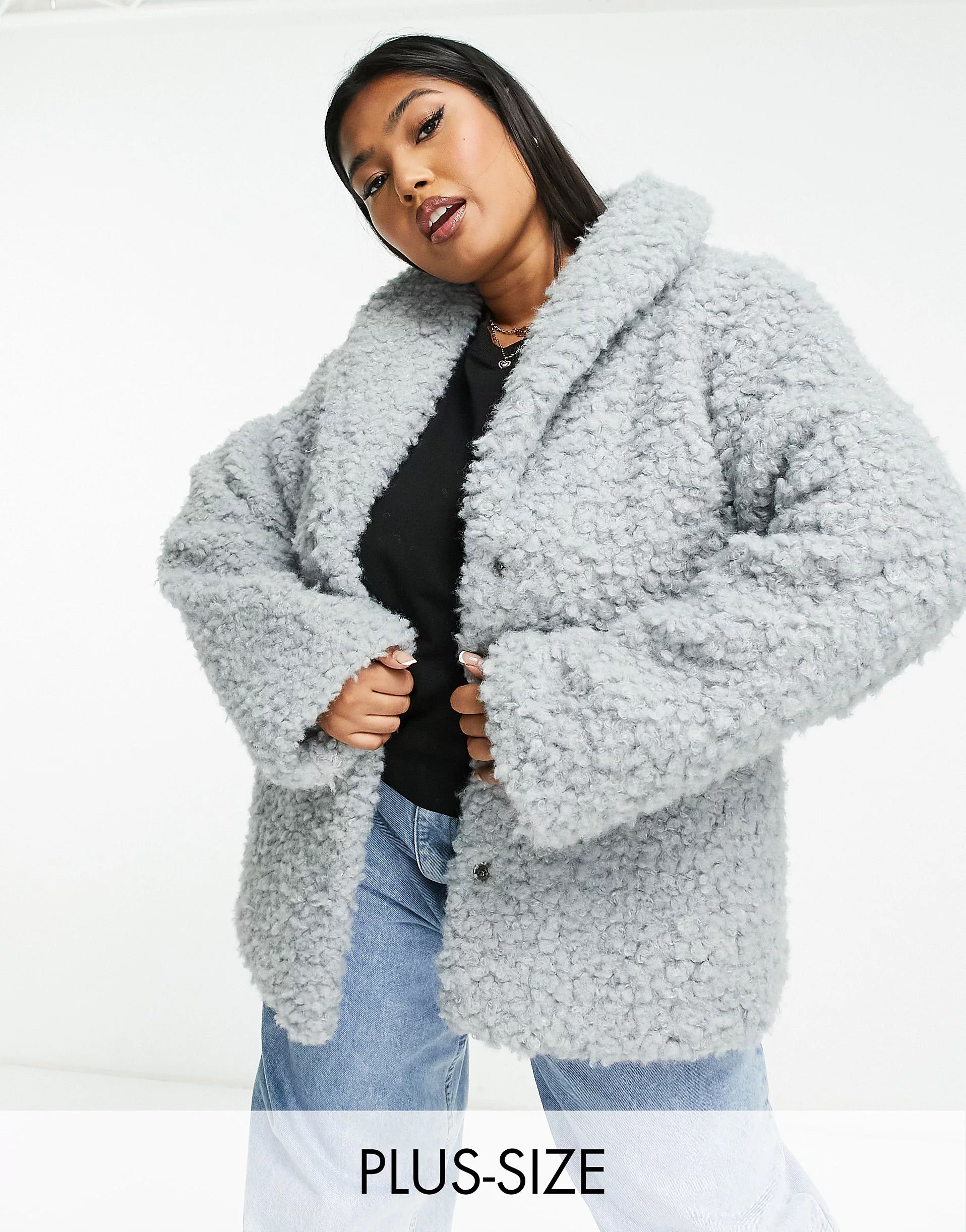 Wednesday's Girl Curve boxy collar detail jacket in gray fluff | ASOS (Global)
