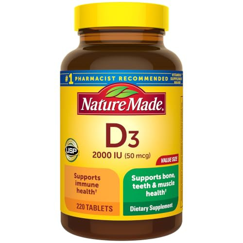Nature Made Vitamin D3 2000 IU (50 mcg), Vitamin D Supplement for Bone, Muscle and Immune Health Support, 220 Tablets | Amazon (US)