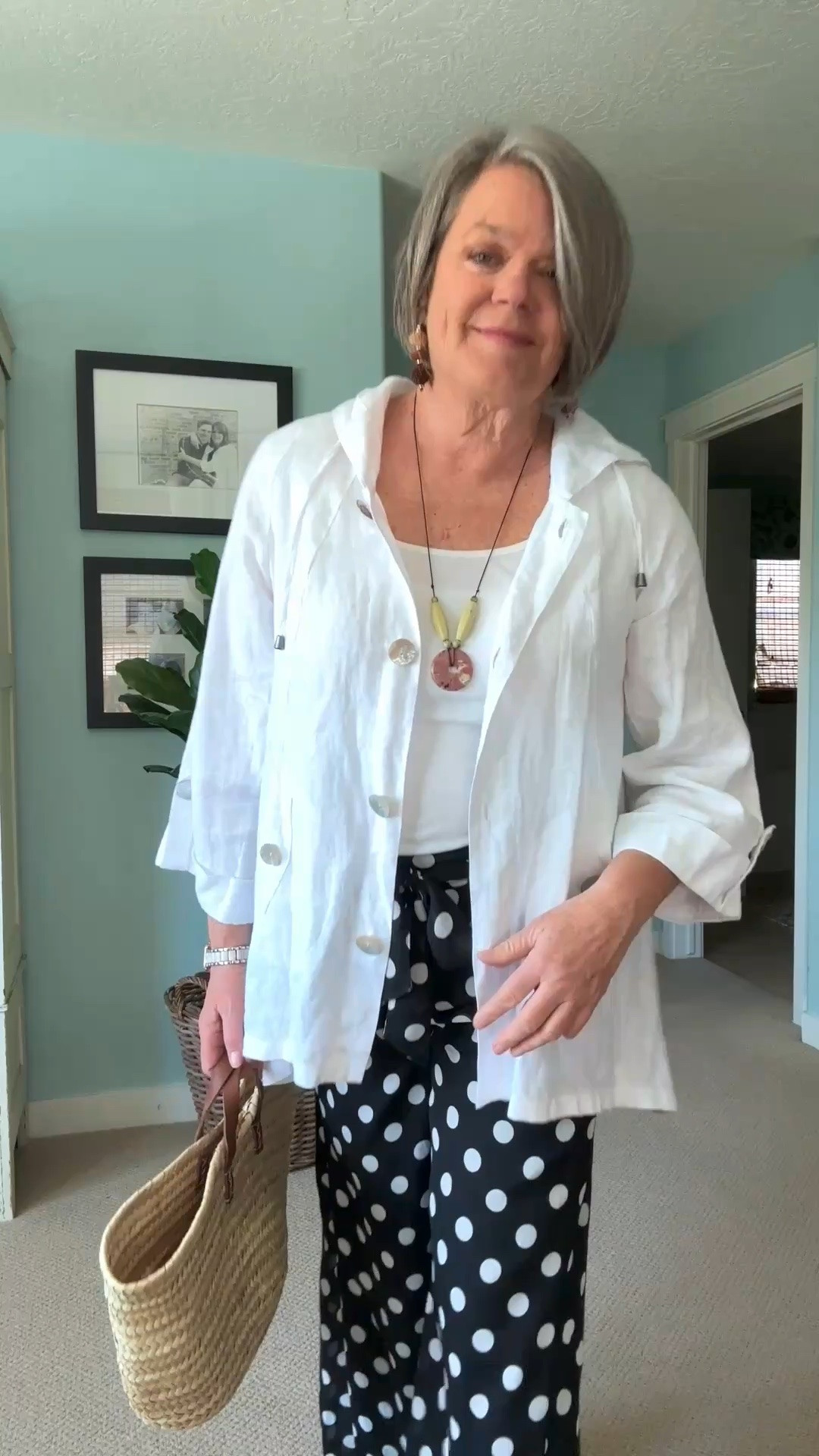Black and white polka dots! What says spring more? I love polka dots and these palazzo pants are just fun to wear! 
I am sharing two different white jackets. One is longer in length with a hood. The other is a shorter white denim jacket. Which do you like best?

#LTKootd #LTKOver40