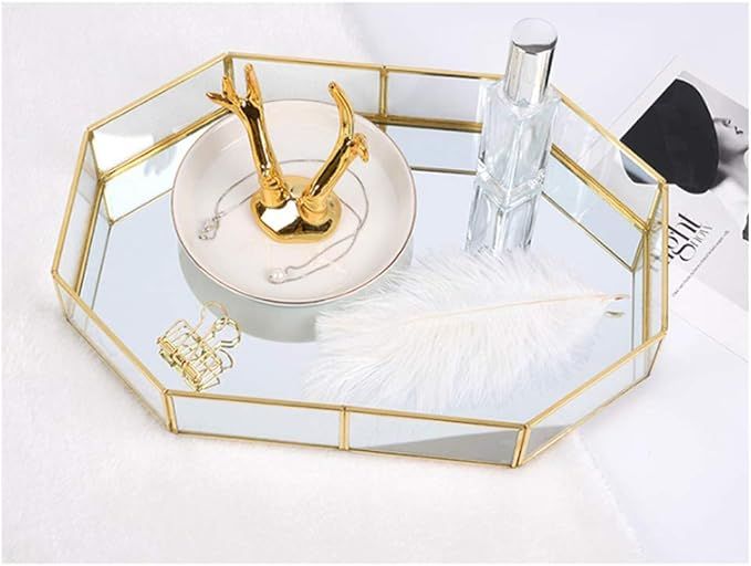 ahggzeg Vintage Glass Tray Mirror, Hexagonal Jewelry Tray Metal Decorative Tray for Vanity, Dress... | Amazon (US)
