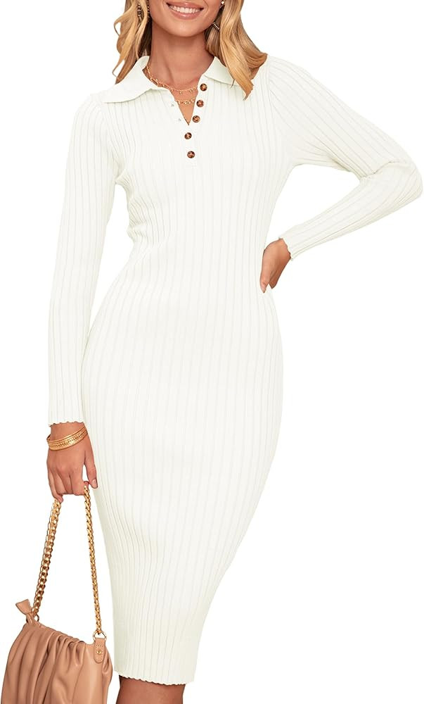 MEROKEETY Womens 2023 V Neck Ribbed Sweater Dress Long Sleeve Bodycon Knit Midi Dresses | Amazon (US)