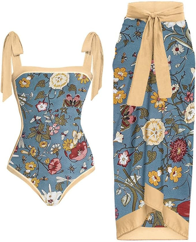 Women One Piece Swimsuit with Bikini Maxi Wrap Skirts 2 Piece Floral Print Bathing Suit Tummy Con... | Amazon (US)