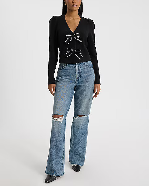 Embellished Bow V-neck Cardigan | Express