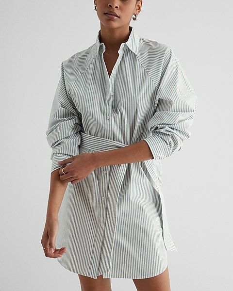 Cotton-Blend Striped Boyfriend Poplin Portofino Shirt Dress | Express