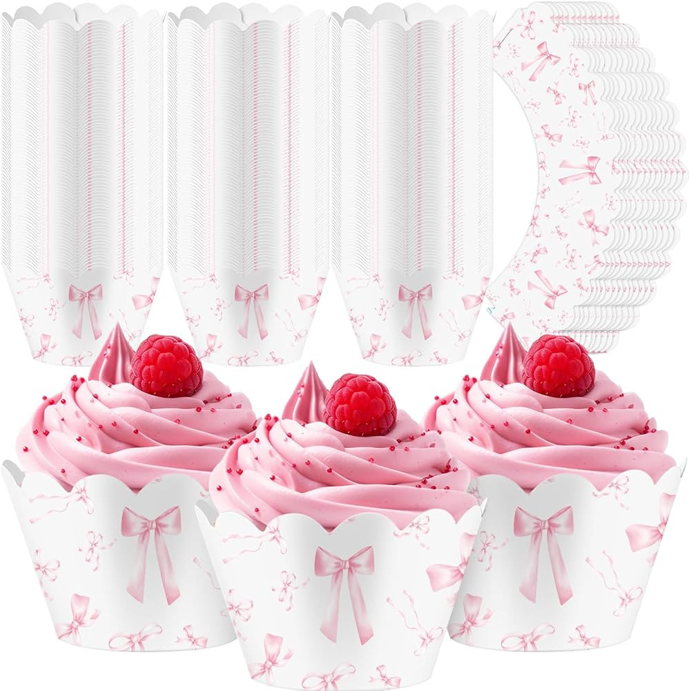Domensi 100 Pcs Pink Bow Cupcake Wrappers Rustic Cupcake Liners Baking Cups Baking Liners for Wed... | Amazon (US)