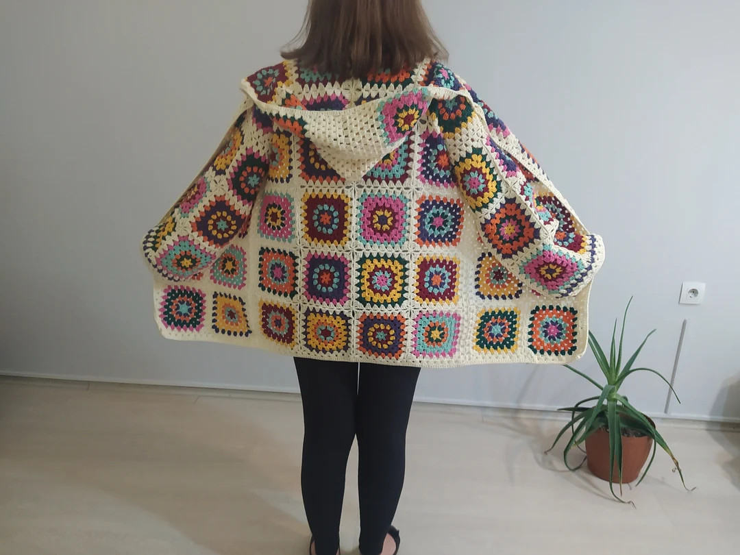 Hooded Granny Square Jacket, Crochet Afghan Coat, Colorful Pathcwork Cardigan, Boho Sweater - Ets... | Etsy (US)