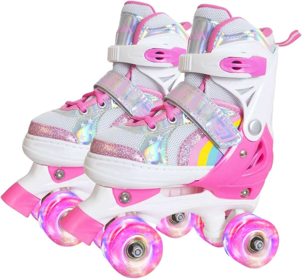 Nattork Roller Skates for Girls Kids Toddler, 4 Sizes Adjustable Rainbow Quad Skates with Light u... | Amazon (US)